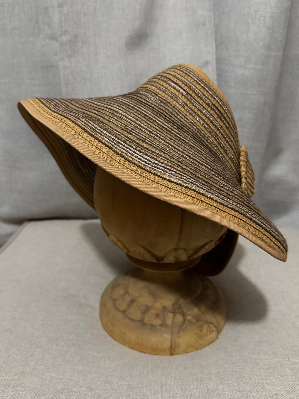 Gorgeous Magid Sun Visor-Earth Tones-Striped-Paper Material-Rear Bow Detail-EUC